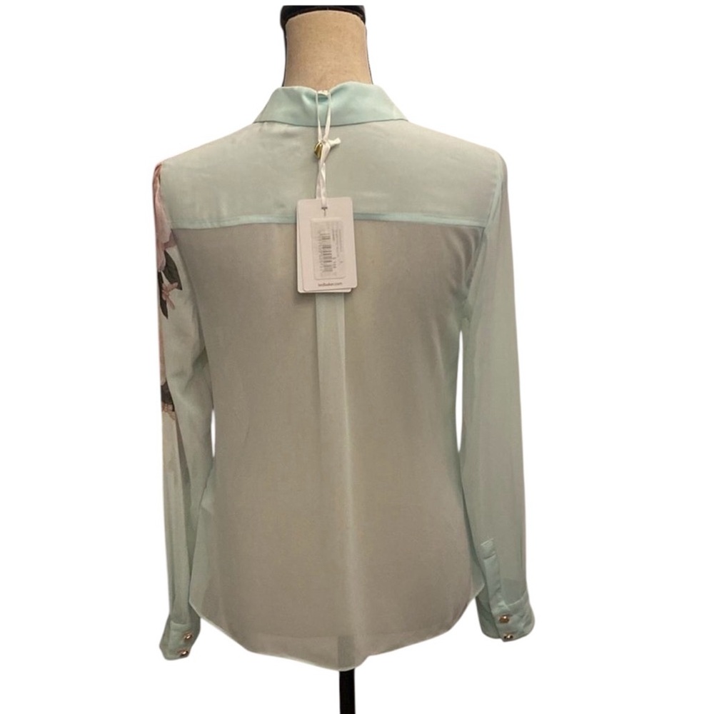 NWT Ted Baker Sheer Floral Button-Down Blouse - Light Blue/Pink - Picture 5 of 15